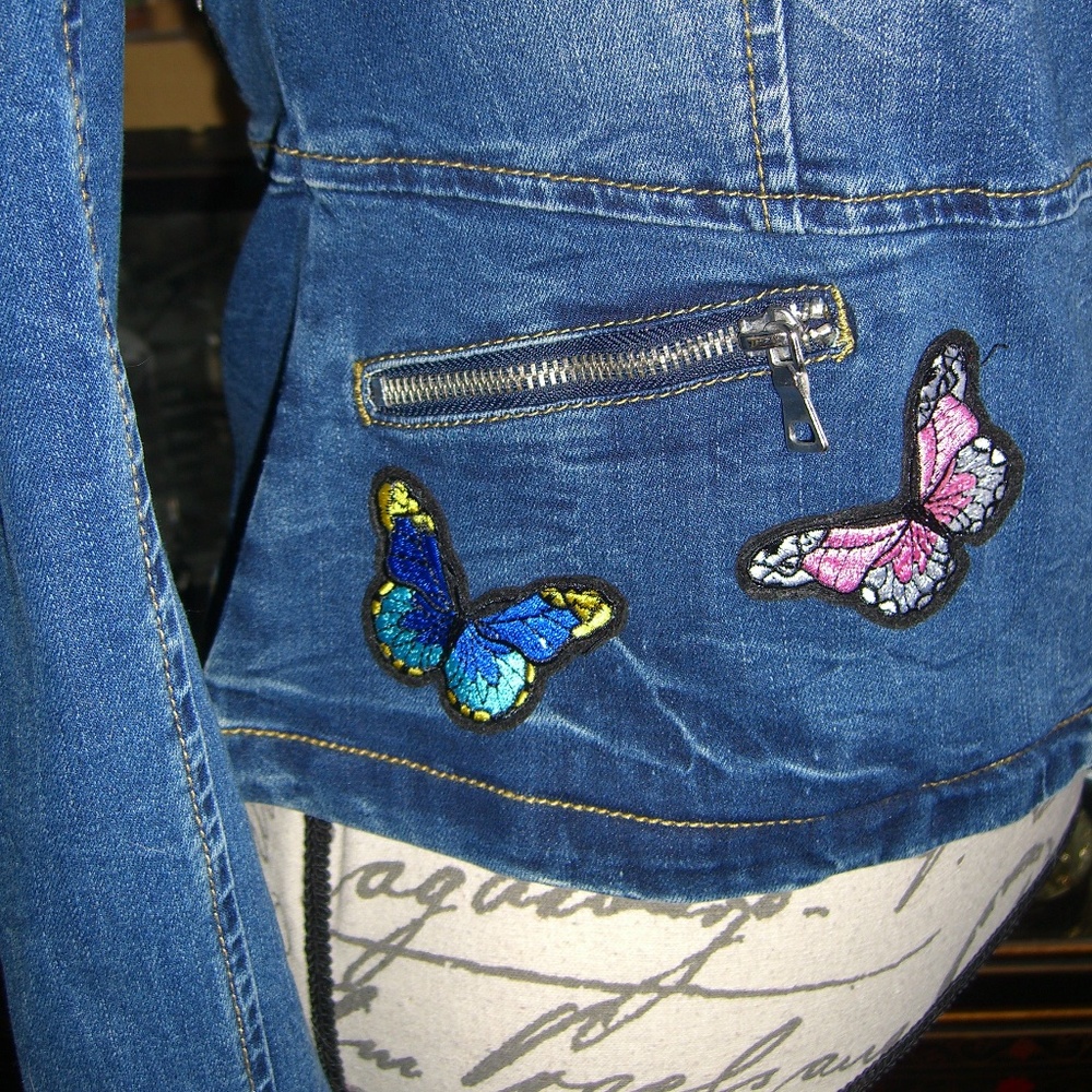 INC INTERNATIONAL CONCEPTS FLOWER BUTTERFLY APPLIQUE DENIM MOTO JACKET XS - Picture 5 of 7